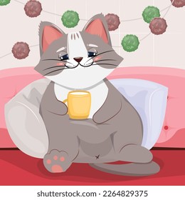 Cute kitten with a cup of warm milk on the couch. Illustration of a cute lazy cat on the couch. 