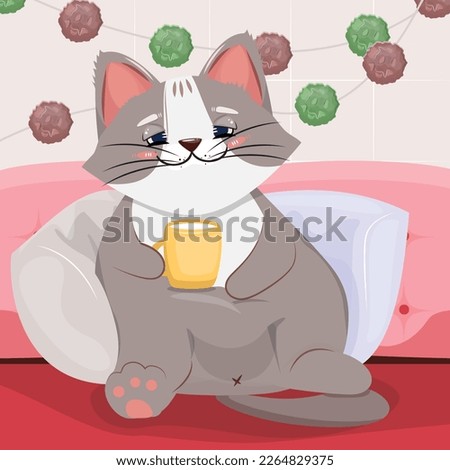 Cute kitten with a cup of warm milk on the couch. Illustration of a cute lazy cat on the couch. 