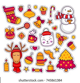 Cute kitten, deer, snowman. Set of cute cartoon characters, christmas decorative elements, stickers, patches, badges, pins, prints for kids. Vector isolated illustration.