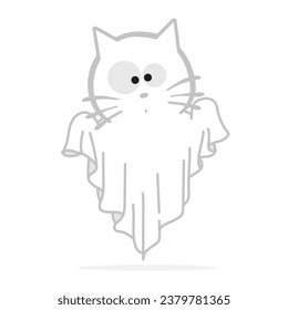 Cute kitten disguised as a floating ghost for Halloween. Vector illustration on white background