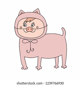 cute kitten disguised as a pig. vector contour illustration