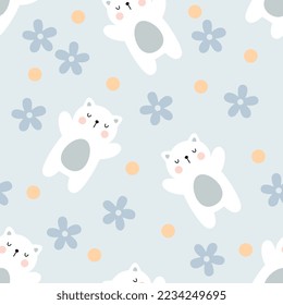 cute kitten with dots and flowers seamless pattern background for boy and girl. Grey pastel colors kids nature desigh for wrapping paper, fabric and textile