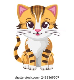 Cute kitten, drawing, happy pet, graphics, cat. Sticker, image on children's stationery. Isolated on white background.