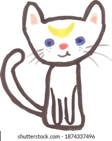 Cute kitten dreaming of food. Stylization for a child's drawing. Vector illustration