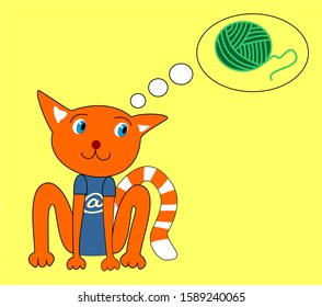 Cute kitten dreams of playing with a ball of threads. Baby drawing.
