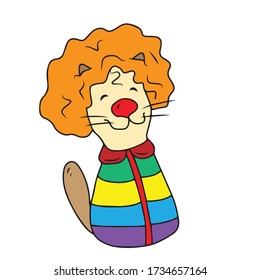 Un gatito lindo vestido de payaso. Diseño infantil vector para tarjetas de felicitación, carteles.