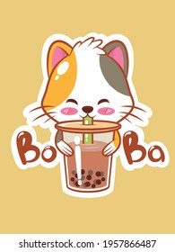 a cute kitten drinking a boba tea. cartoon character and mascot illustration concept.