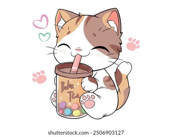 cute kitten drinking tea. Design to print on shirt, poster, dedications, birthday