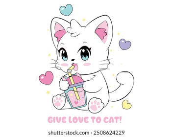 cute kitten drinking tea. Design to print on shirt, poster, dedications, birthday