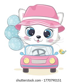 Cute kitten driving the car. Vector illustration for baby shower, greeting card, party invitation, fashion clothes t-shirt print.