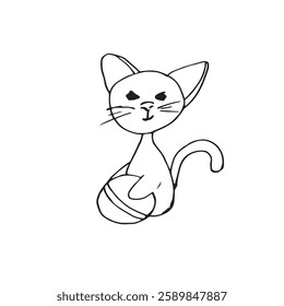 cute kitten with an emotion with a smile and a childrens ball composition childrens vector character blackly white illustration The basis for textiles of dishes of stickers