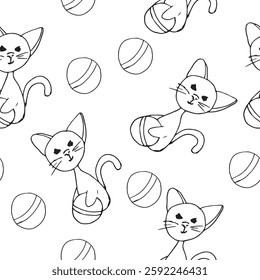 cute kitten with emotions with a smile and a ball, a seamless pattern to the vector character of children blackly white illustration The basis for textiles of dishes of print stickers