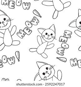 cute kitten with emotions with a smile and lettering meow seamless pattern vector character kids black and white Illustration base for textile tableware stickers printing