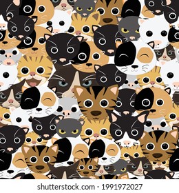 cute kitten face Cat vector cartoon character seamless pattern