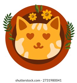 Lindo retrato de la cara del gatito rodeado de corona floral y borde circular marrón