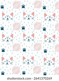 Cute kitten faces with paw prints and leaves