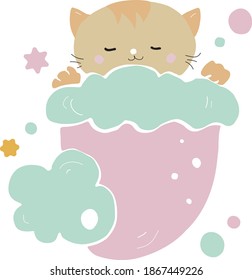Cute kitten fell asleep in a hat for Christmas gifts. He has fairy-tale dreams, like our children this night. Suitable for greeting cards, children's clothing for babies, children's watches.