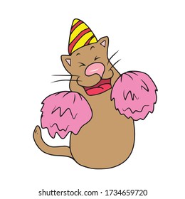 Cute kitten in a festive hat and POM-poms. Vector children's design for greeting cards, banners.