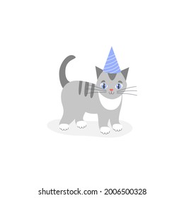 Cute kitten in a festive hat. Vector image on a white background. Cat at a birthday party. Illustration for textiles in flat cartoon style. Isolated. Print for children s clothing textiles tableware.