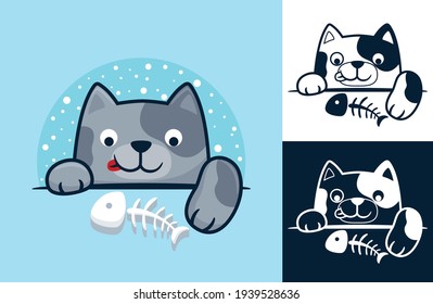 Cute kitten with fish bone. Vector cartoon illustration in flat icon style