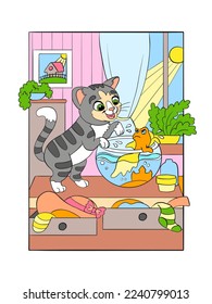 Cute kitten fishing at the river. Hand drawn vector cartoon illustration isolated on white background. Flat design. For coloring book, education, print, game, decor, puzzle, design