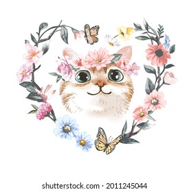 cute kitten with floral crown in colorful heart shape flowers vector illustration