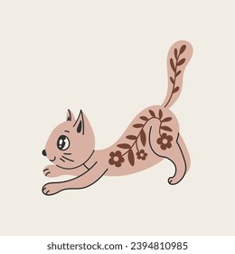 Cute kitten with floral ornament. Kawaii hand drawn cat with flowers and leaves. Animal character vector illustration for kids, pets, greeting card, poster.