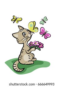 Cute kitten with flowers and butterflies. Vector cartoon illustration isolated on white.