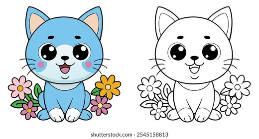 Cute Kitten And Flowers Coloring Pages For Kids. Cat Coloring Book Printable. Kawaii Kitten Cartoon Character Vector Illustration