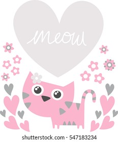 cute kitten with flowers and heart for copy space isolated on white background