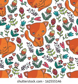 cute kitten and flowers seamless pattern