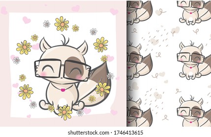 Cute kitten with flowers seamless pattern illustration for kids