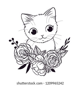 Cute kitten with flowers. Vector hand drawn illustration