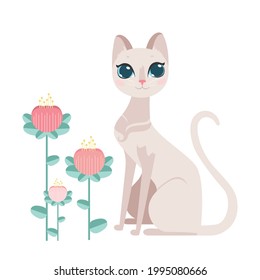 Kätzchen mit Blumen. Es sieht gut aus auf einem T-Shirt für Kinder.