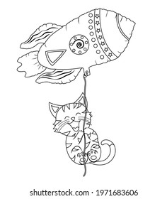 Cute kitten fly in balloon in shape of rocket in doodle. Joyful pet character flies. First pet for children. Cute vector hand drawing illustration on white background.