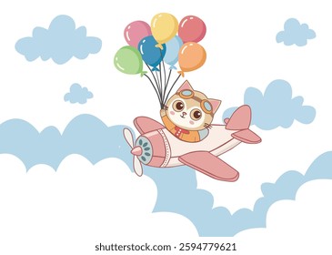 Cute kitten is flying on a plane in the sky holding colorful balloons. Flat illustration in Cartoon Style