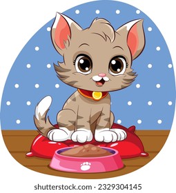 Cute Kitten with Food Bowl illustration