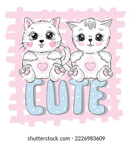 cute kitten friends kids print with inscription text Cute vector illustration