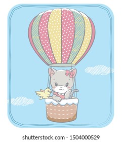 A cute kitten getting on the balloon. Vector illustration for baby wear design or other use.