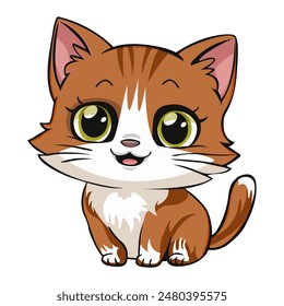 Cute kitten, ginger cute kitten, drawing, happy pet, graphic, cat. Sticker, image on children's stationery.   Isolated on white background. 