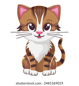 Cute kitten, ginger cute kitten, drawing, happy pet, graphic, cat. Sticker, image on children's stationery. Isolated on white background.