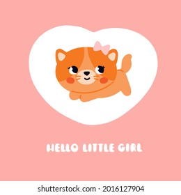 Cute kitten girl with a bow. Postcard for baby shower