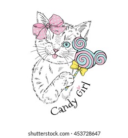 cute kitten girl with candy, hand drawn animal illustration