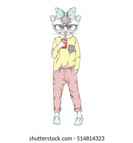 cute kitten girl drinking soda water, anthropomorphic illustration for kids