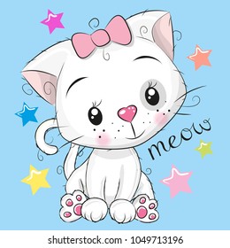 Cute Kitten girl and stars on a blue background