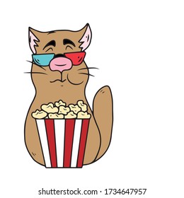 Cute kitten with glasses and a box of popcorn is ready to watch a movie .Vector children's design for greeting cards, banners.