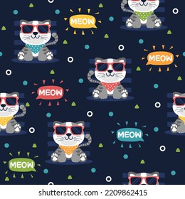 Cute kitten with glasses cartoon vector pattern design concept.