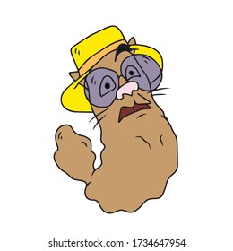 A cute kitten with glasses and a hat was scared.Vector children's design for greeting cards, banners.