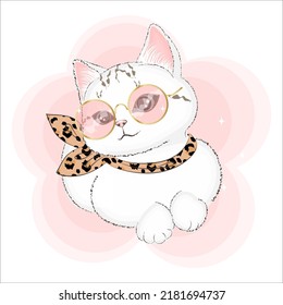 Cute kitten in glasses and leopard print neckband, fashion vector illustration, textile print