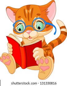 Cute Kitten with glasses reading  a book.